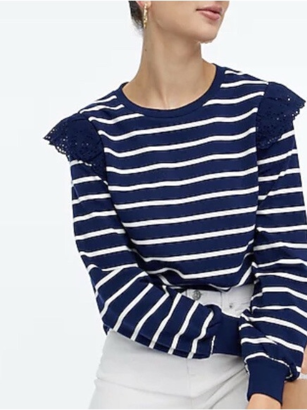 J. Crew navy and white striped eyelet ruffle shoulder sweatshirt Size S